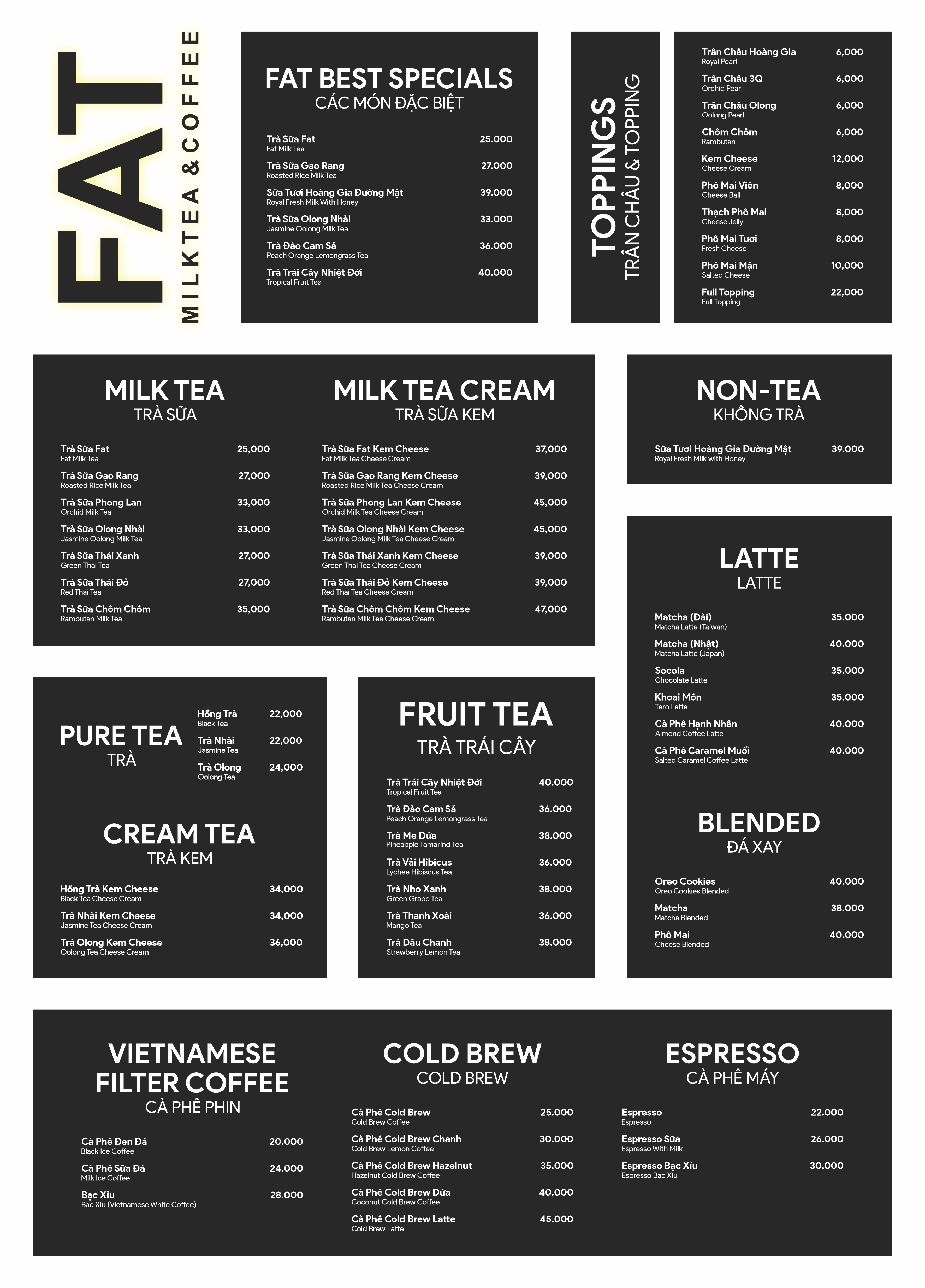Bảng menu trà sữa và cà phê FAT MILKTEA & COFFEE