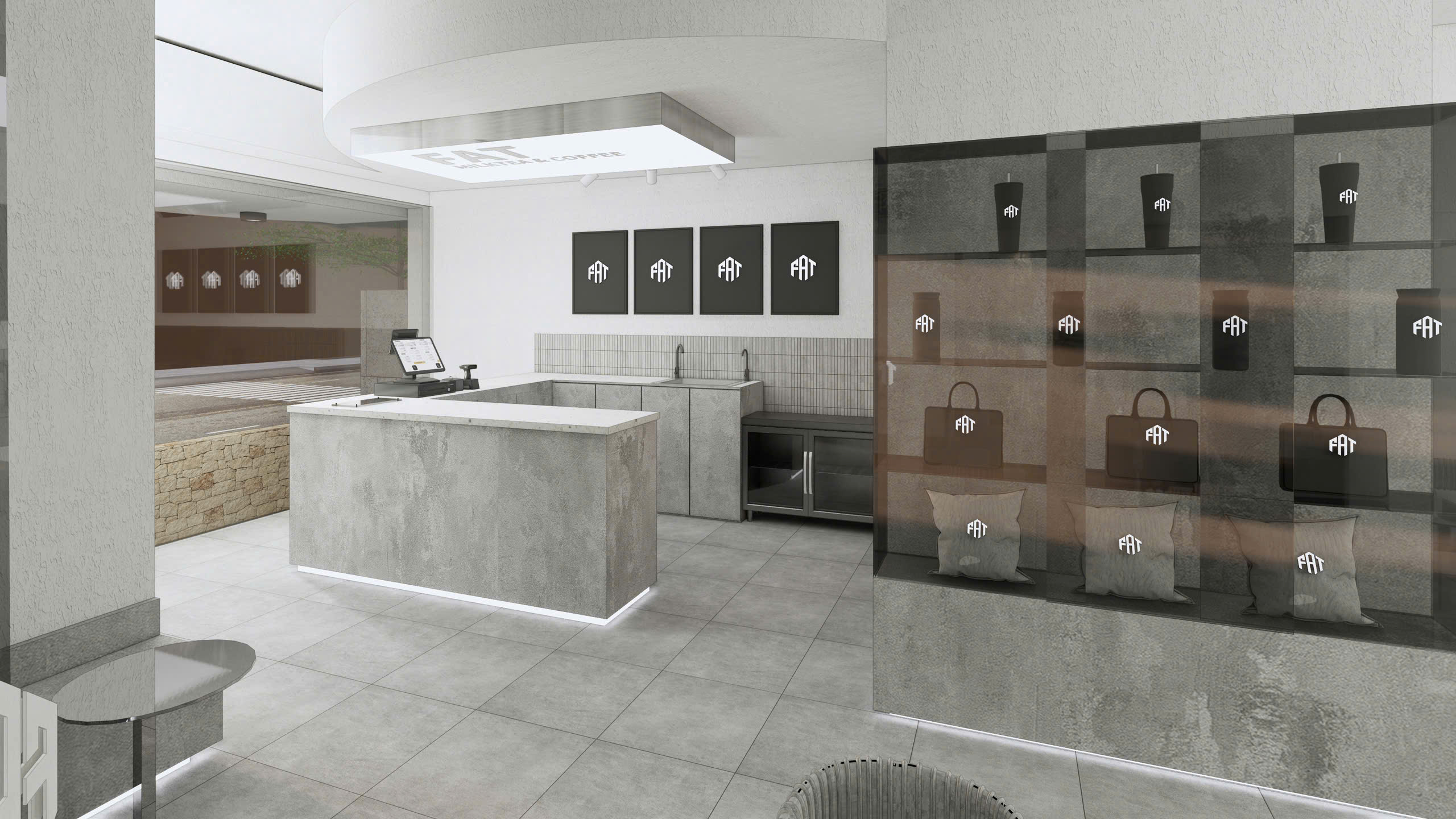 Lối ngồi ngoài trời với cây xanh và đá sỏi tại FAT